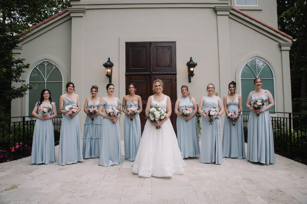 Bridesmaids with peony bouquets in Nanina’s in the Park gardens