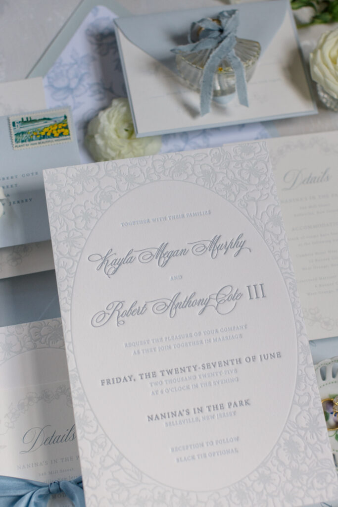 Blue letterpress wedding invitations for a Nanina’s in the Park wedding