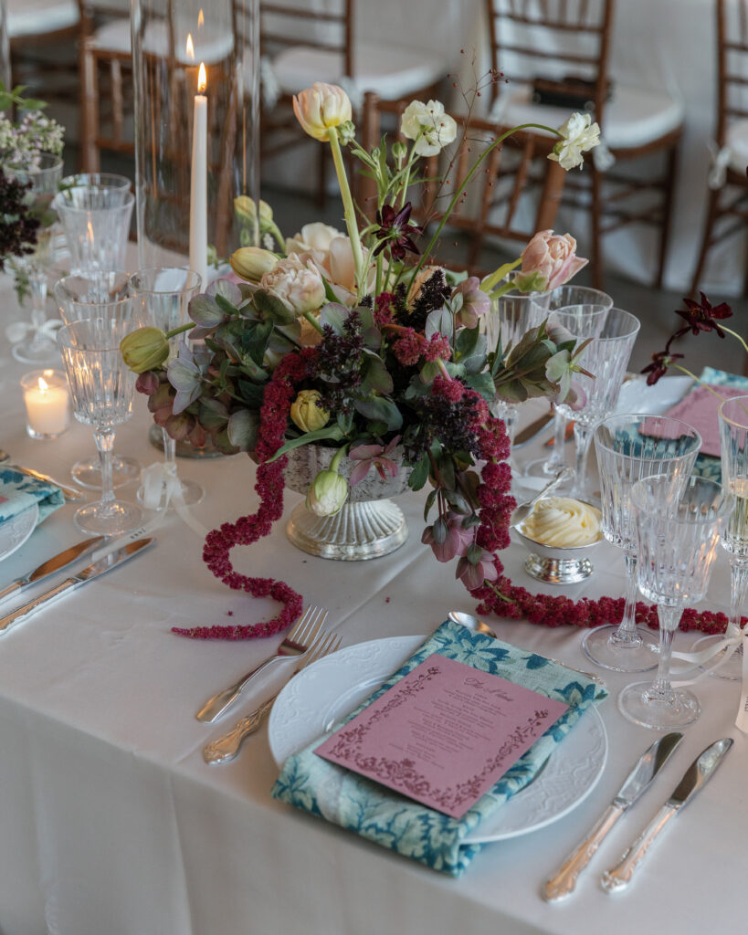 Custom dusty rose wedding menu with vintage floral details