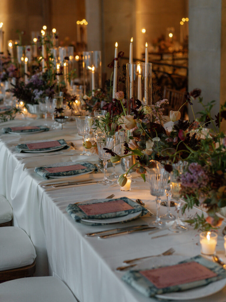 Vintage-inspired Long Island wedding tablescape with dusty pink and burgundy details